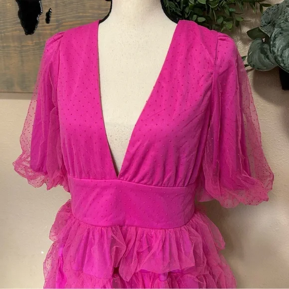 Lulus Dramatic Poise Hot Pink Dot Tulle Puff Sleeve Tiered Mini Dress - Picture 3 of 9